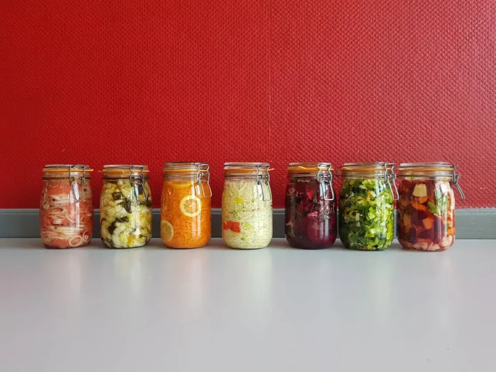 bottle jars field wioth farmented vegetables
